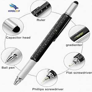 Office supplies: Pingyi pen, metal hexagonal long rod tool, multifunction ballpoint pen, oily pen, screwdriver tool, and scale.